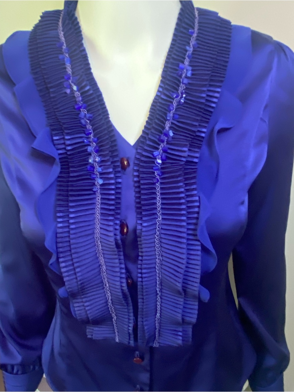 Women’s Royal Blue Ruffle-Front Button Blouse - Picture 3 of 13